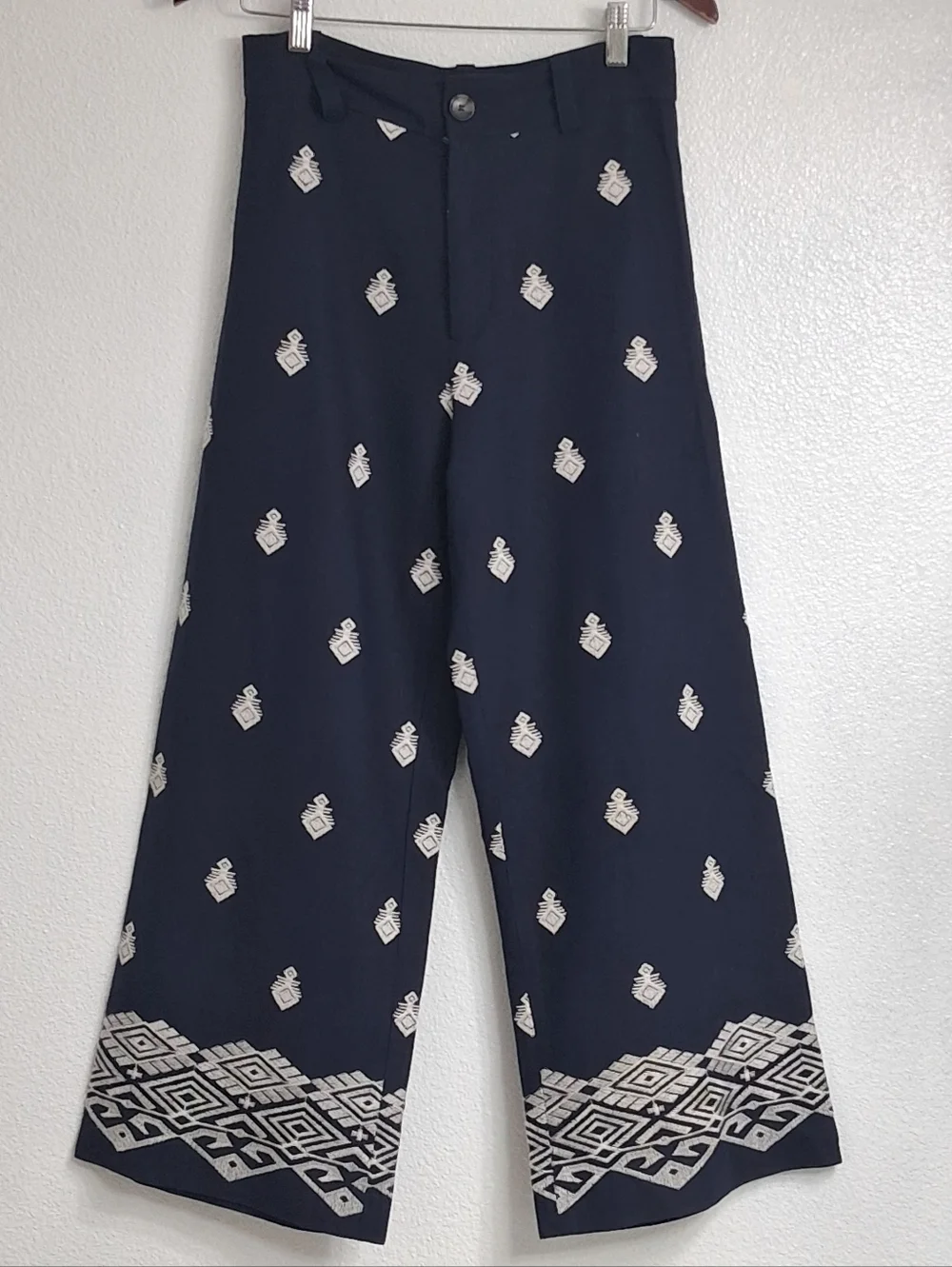 NWOT Zara Navy Blue Wide Leg Pants With Embroidery Size XS